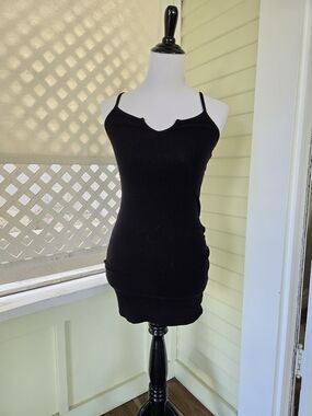 Women's Black Ribbed Spaghetti Strap Tank Dress
